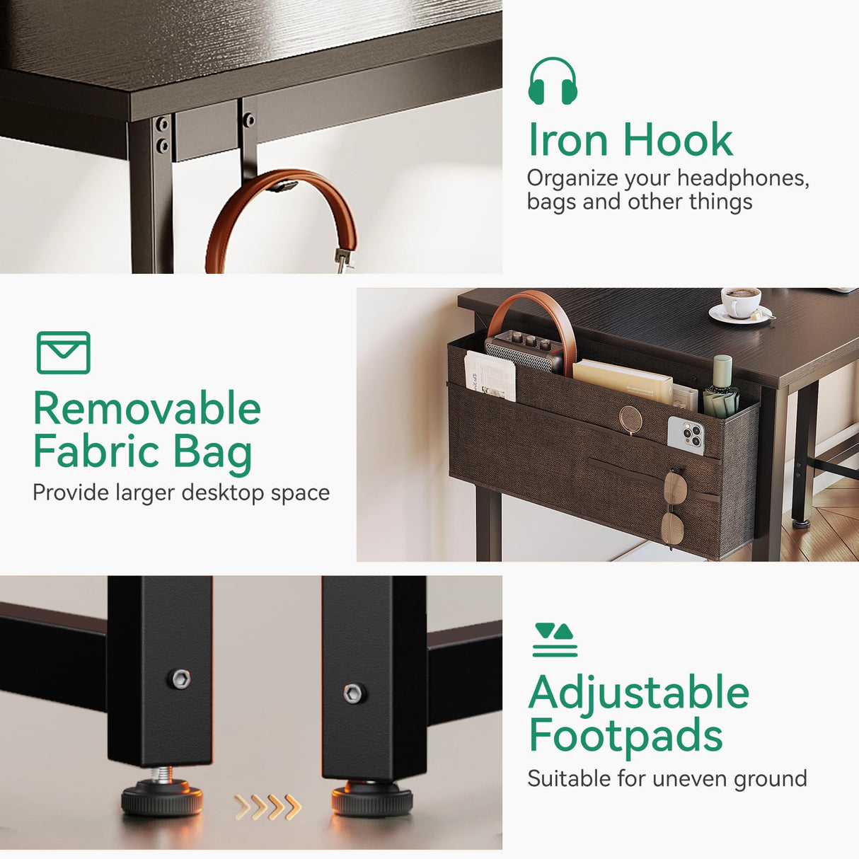 Casaottima 32-Inch Small Computer Desk with 4 Fabric Drawers — Home Office Desks with Storage, Writing Desk with Side Hook and Cloth Bag, Modern Study/Work Table for Bedroom and Small Space, Black Casaottima