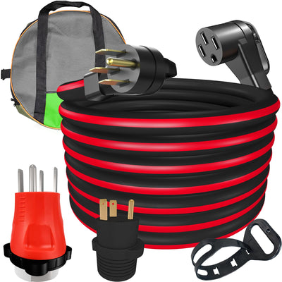 RVPLAN 25 FT 50 Amp RV/EV Extension Cord Outdoor Waterproof,4 Prong Flexible Heavy Duty STW RV Power Cord,NEMA 14-50P/R Standard Plug Suit for EV Charging and RV Trailer Campers, Black-Red,ETL