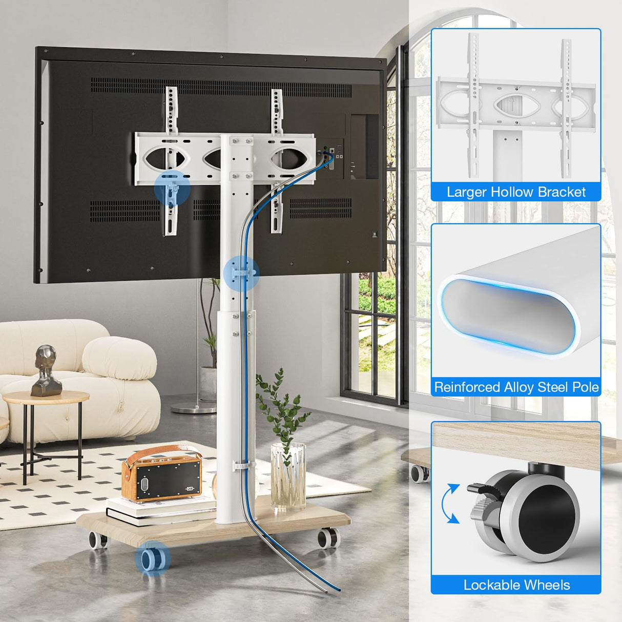 Rfiver Rolling TV Stand for 32 to 70 Inch TVs, Modern Portable Corner TV Stand with Upgraded Wheels, 9 Levels of Height & ±30° Swivel Adjustable Mobile TV Stand for Bedroom, Corner, Small Dorm, White Rfiver
