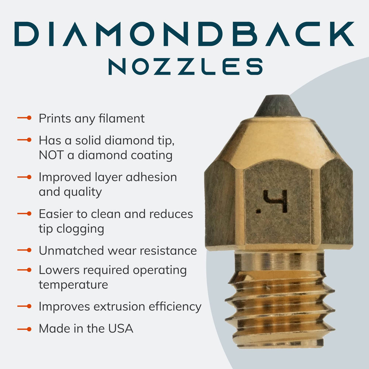 Diamondback Nozzles – MK8 Compatible – Polycrystalline Solid Diamond Tip 3D Printer Nozzles, Improved Extrusion, Any Filament, Long Life, Wear Resistant, Layer Adhesion, USA Made (0.4mm) US Synthetic
