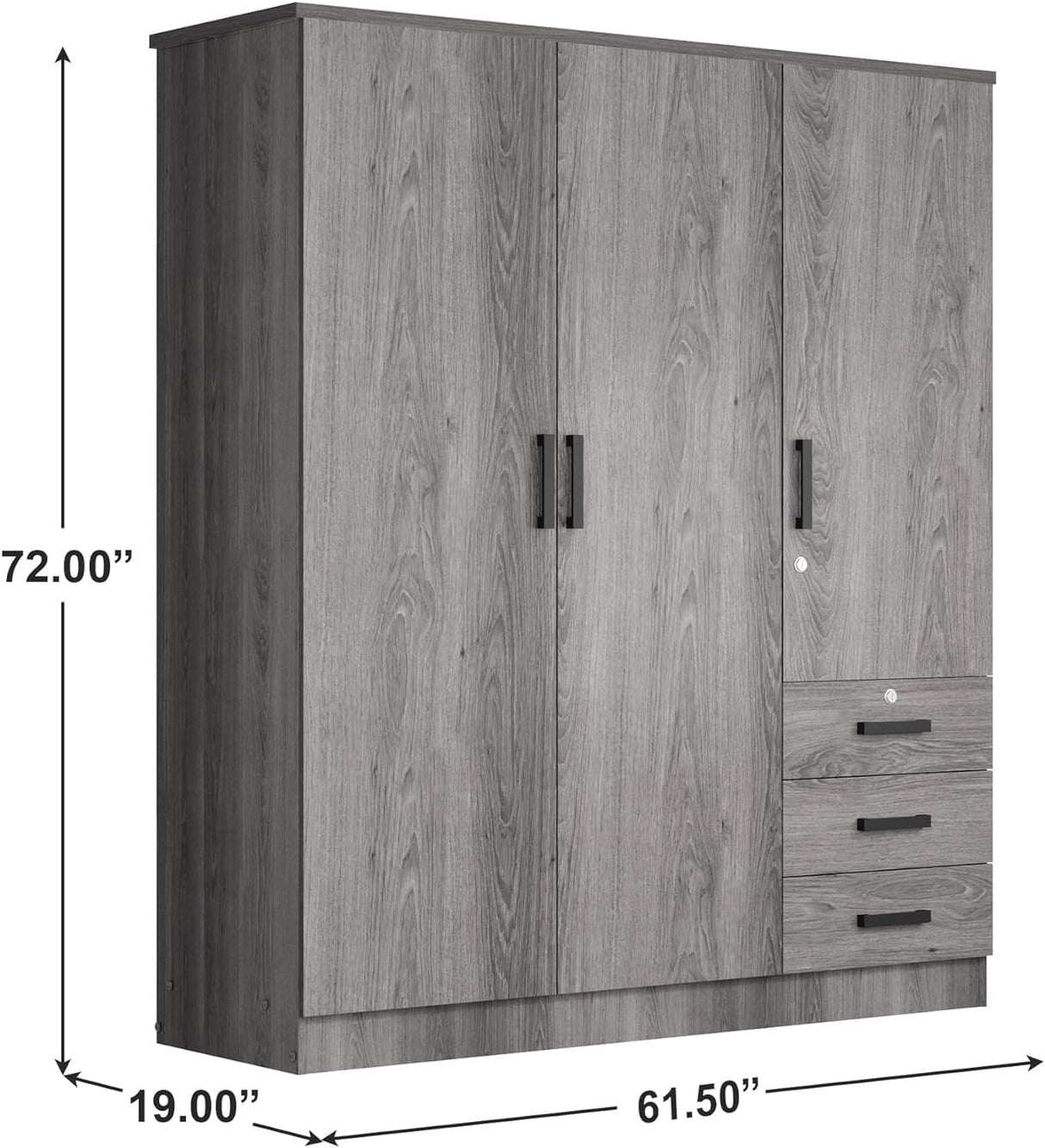 61" Wide Large Wardrobe Closet 3 Doors and 3 Drawers (Grey) Woodpeckers Furniture And Mattress