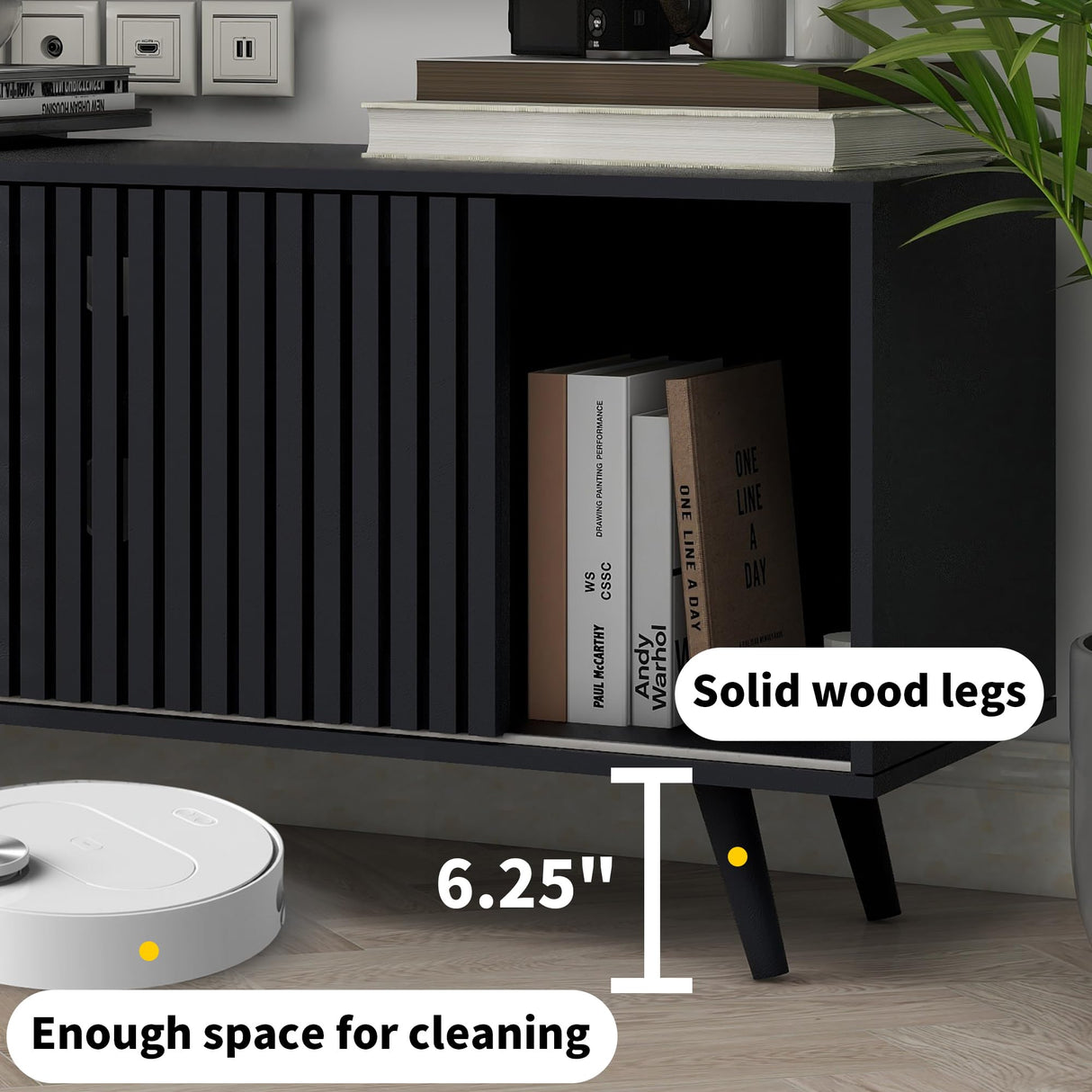 Fsbecl TV Stand for TVs up to 70'',Mid Century Modern TV Stand, with Sliding Doors and Open Shelf, Entertainment Center with Storage,Television Stands,Media Console for Living Room,Black Fsbecl