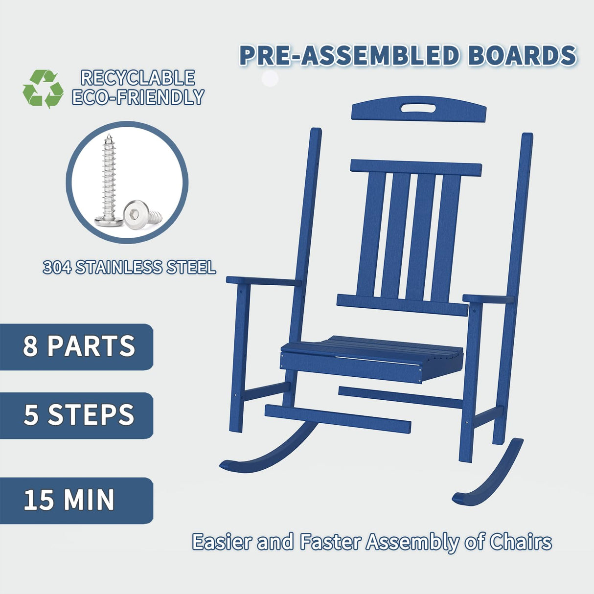 POLYDUN Outdoor Rocking Chair, Looks Like Wood, High Back Poly Lumber Patio Rocker Chair, 365Lbs Support, All-Weather Porch Rocking Chair for Lawn, Backyard, Indoor, Garden, Navy POLYDUN