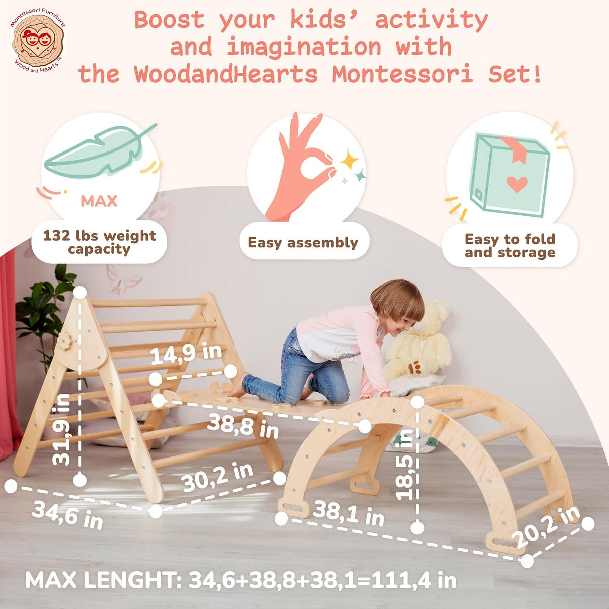 WoodandHearts Pikler Triangle Set of three items Wooden toys Climbing triangle Montessori Climbing toys for Toddlers Triangle with ramp Activity gym Baby Climbing triangle set (Large) Wood And Hearts