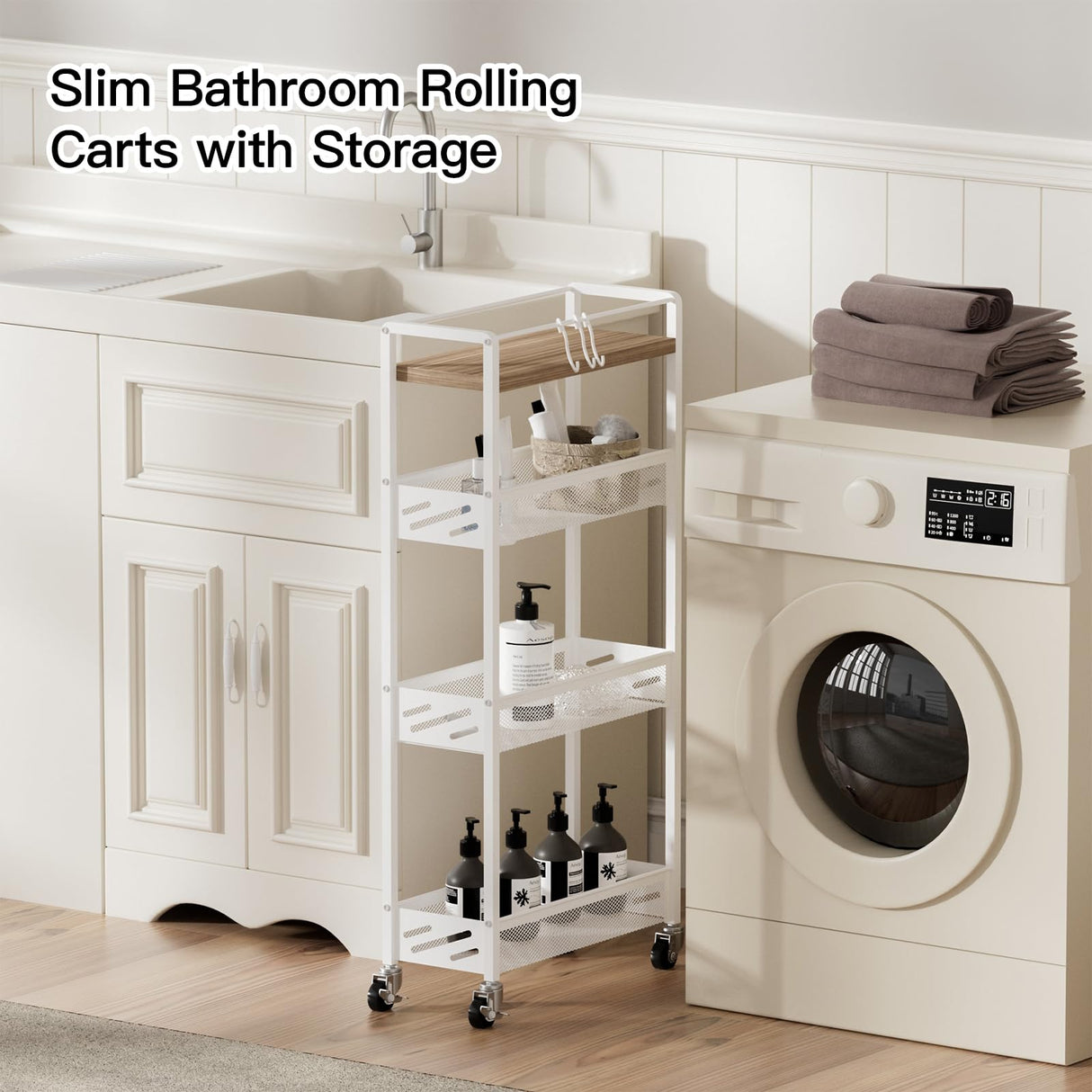 DGSNADGO Slim Rolling Storage Cart, 4-Tier Kitchen Cart on Wheels, Narrow Utility Cart with Handle and Wooden Tabletop for Small Space in Kitchen, Living Room, Bathroom, Laundry Room, Beige and White DGSANDGO