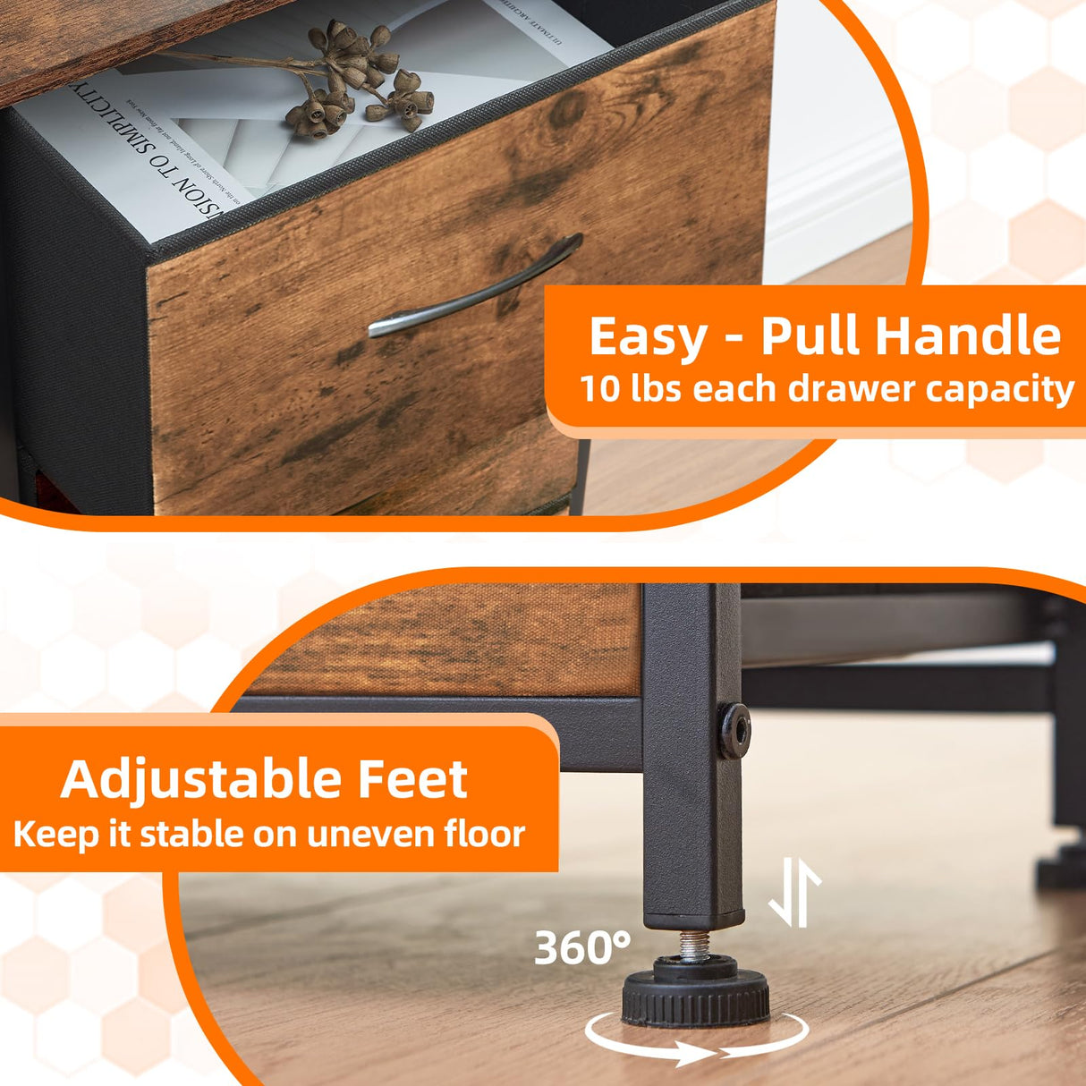 Somdot 2 Drawers Dresser with Charging Station and LED Light for Bedroom, Small Nightstand with Fabric Bins for Bedside Kids Dorm Room Closet Laundry Entryway, Wood Grain Print Somdot