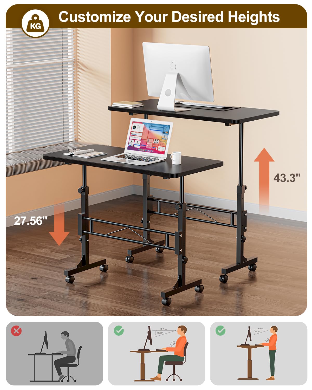 Small Standing Desk Adjustable Height, Mobile Stand Up Desk with Wheels, 32 Inch Portable Rolling Desk Small Computer Desk, Portable Laptop Desk Standing Table Black Amztabler