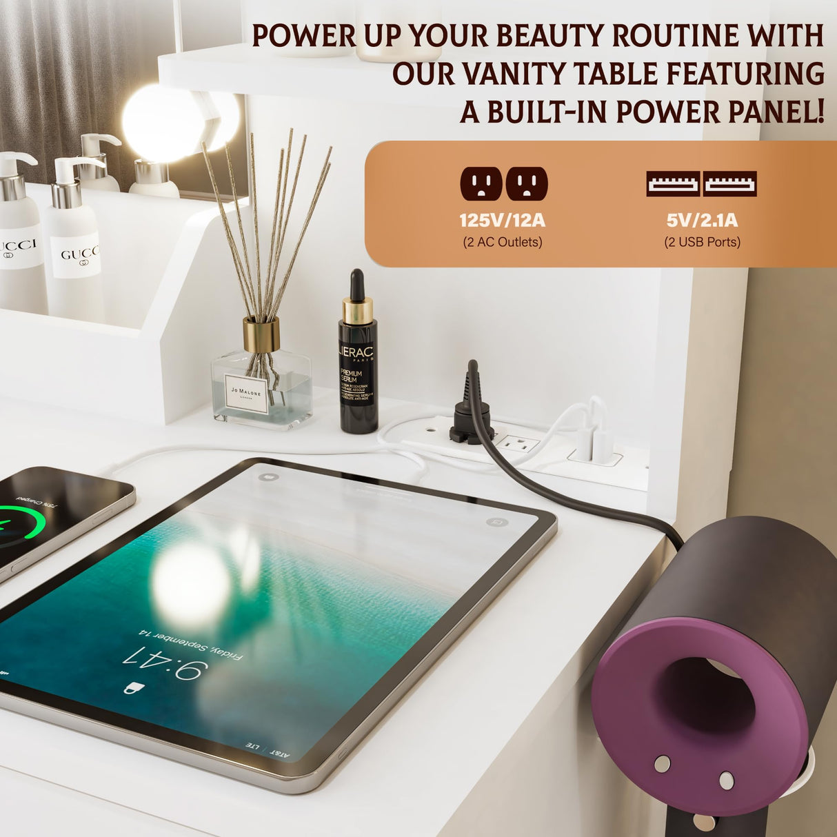 Yegosh Vanity Desk with Mirror and Lights Dimmable LED Makeup Vanity Table with Drawers Side Cabinet 3 Storage Shelves Power Outlet Dressing Table Set include Holder Cushioned Stool for Bedroom(white) Yegosh