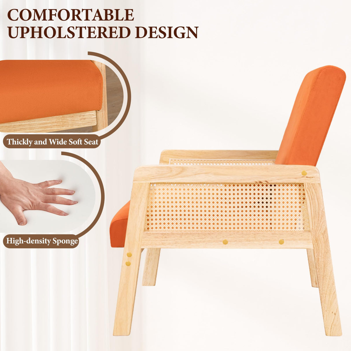 Furmax Accent Chair with Rattan Armrests, Mid Century Modern Lounge Armchair for Living Room, Single Upholstered Leisure Reading Chair with Waist Pillow and Wooden Frame,Set of 1 Furmax