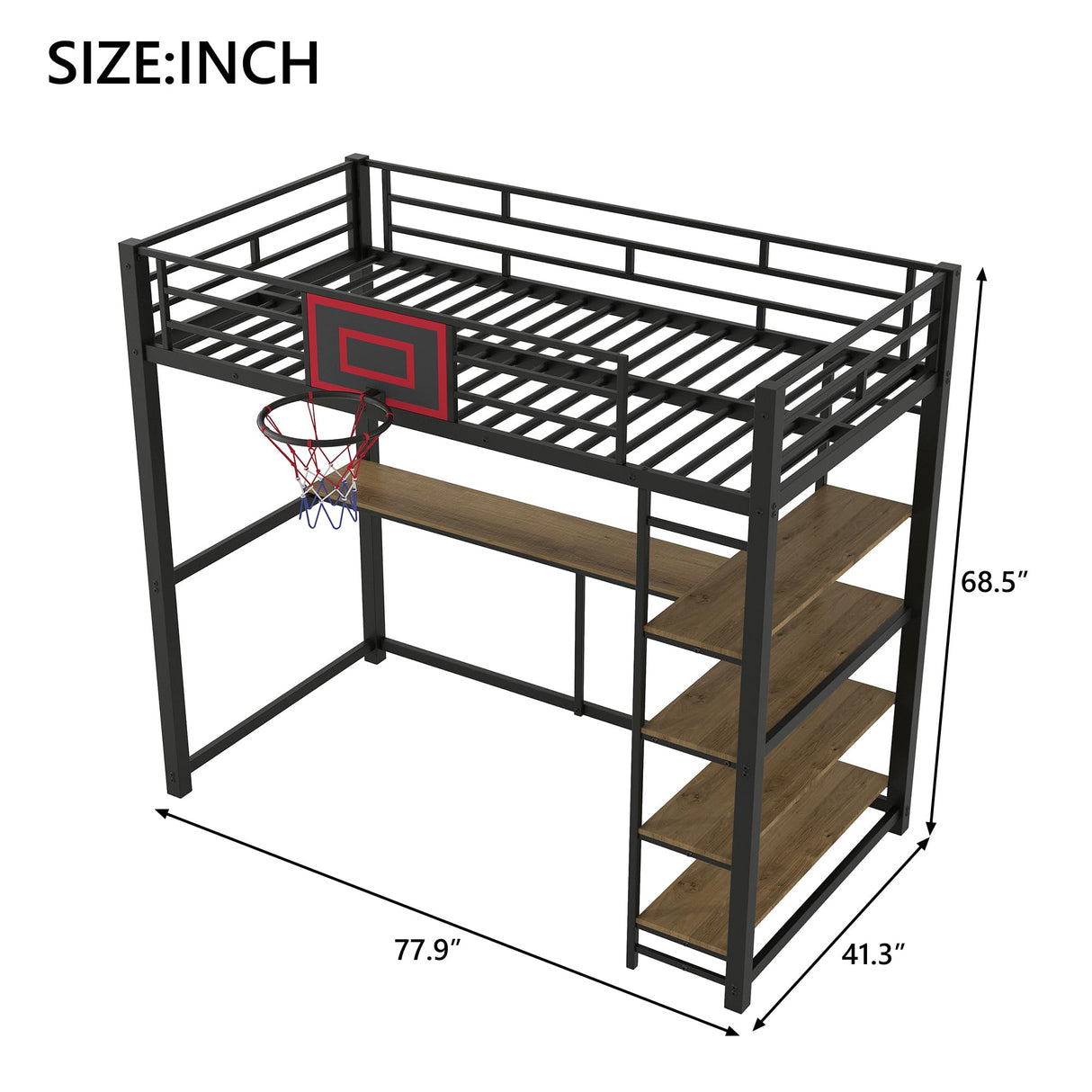 Twin Size Loft Bed with Desk and Storage Shelves,Metal Loft Bed with Basketball Hoop,Heavy Duty Loft Bed Frame for Kids,Teens,Adults,High Loft Bed Frame Twin Size, Space Saving, Black Bellemave