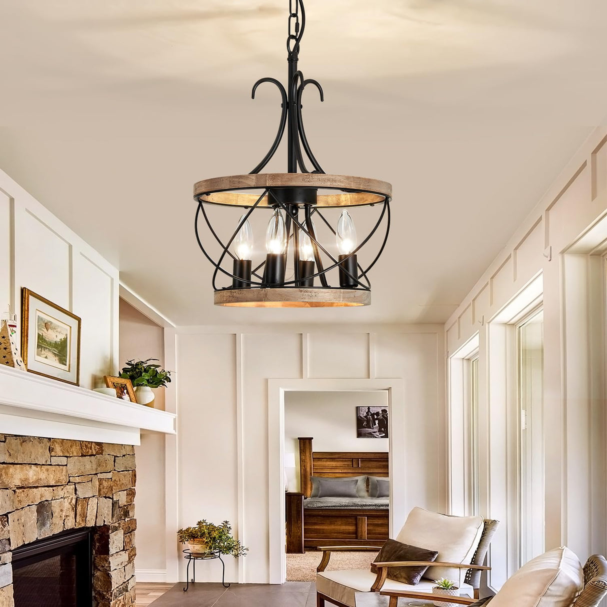 UOFUS 4-Light Farmhouse Wood Chandelier Rustic Drum Hanging Pendant Lighting French Country Industrial Candle Chandelier Light Fixture for Dining Room Kitchen Living Room Entryway Office UOFUS