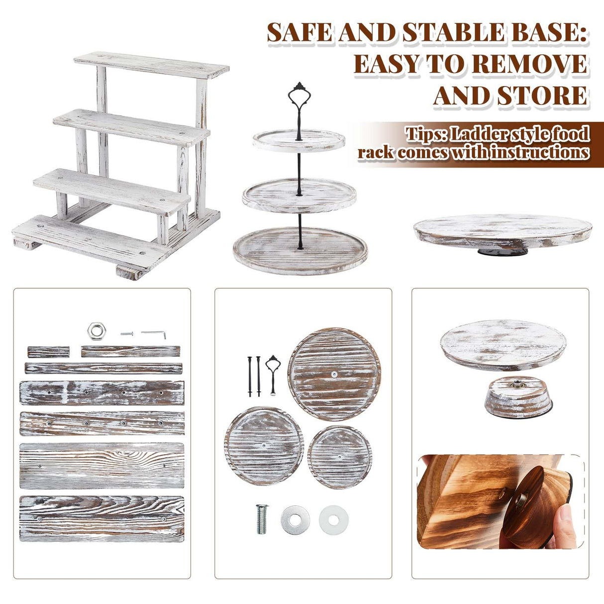 Roowest Wood Cake Stands Set of 6 Wood Dessert Tower Dessert Trays Desert Stands Cupcake Stand Rustic Wood 3 Tier Cupcake Serving Stands with Dessert Trays Farmhouse Wood for Tea Party (Vintage Brown) Roowest