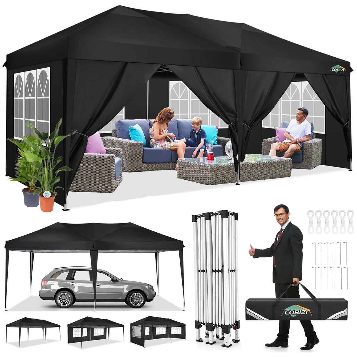 COBIZI 10x20 Pop Up Canopy Tent with Removable Sidewalls Waterproof Commercial Instant Shelter Outdoor Gazebo Party Tent Protable Canopy Tents for Parties with Carry Bag (Black, 10'x20') COBIZI