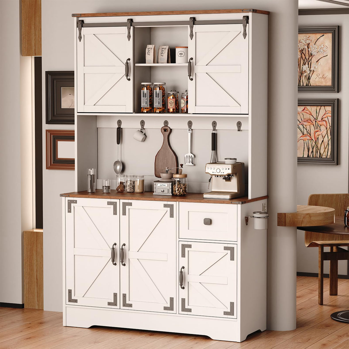 71" Pantry Cabinet, Kitchen Hutch Cabinet with Microwave Stand & Charging Station, Farmhouse Tall Storage Cabinet with Countertop, Floor Cupboard Cabinet, Bar Cabinet with Drawer and Doors, White ISHARINGTIME