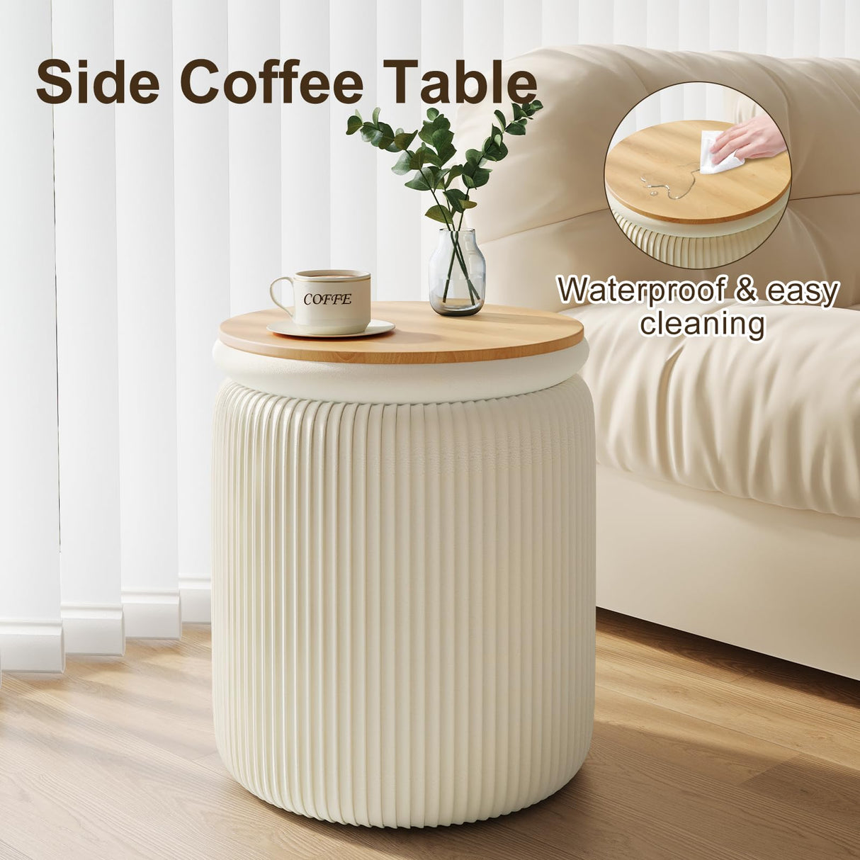 Round Ottoman with Storage Set of 2, White Vanity Stool, Upholstered Velvet Storage Ottomans, Makeup Chair Seat for Bedroom, Small Pouf Footstool for Living Room Recximi