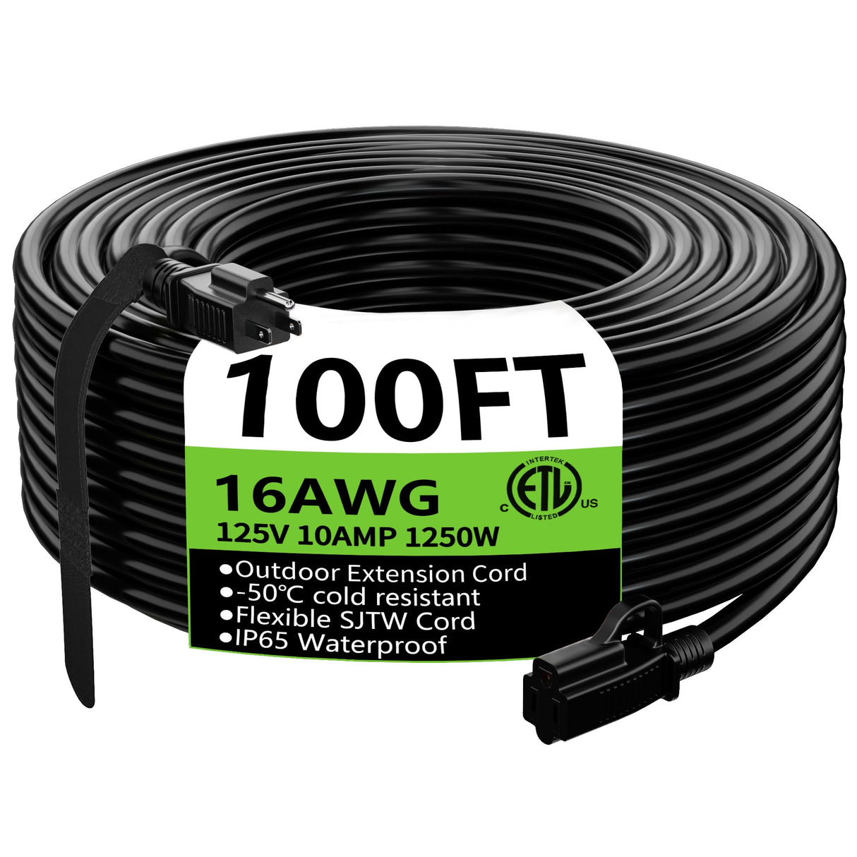 HUANCHAIN Indoor Outdoor Black Extension Cord 100 ft Waterproof, 16/3 Gauge Flexible Cold-Resistant Appliance Extension Cord Outside, 10A 1250W 16AWG SJTW, 3 Prong Heavy Duty Electric Cord, ETL huanchain