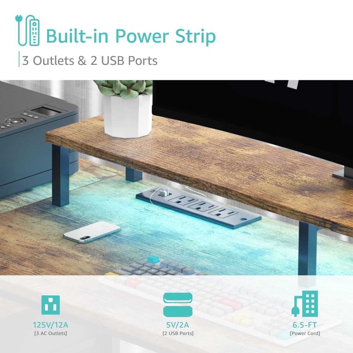 Lufeiya Computer Desk with Fabric File Drawers Cabinet, 55 Inch Home Office Desk with Shelves Monitor Stand, Study Writing Gaming Desks with Led Lights and Power Outlets for Bedroom, Rustic Brown Lufeiya