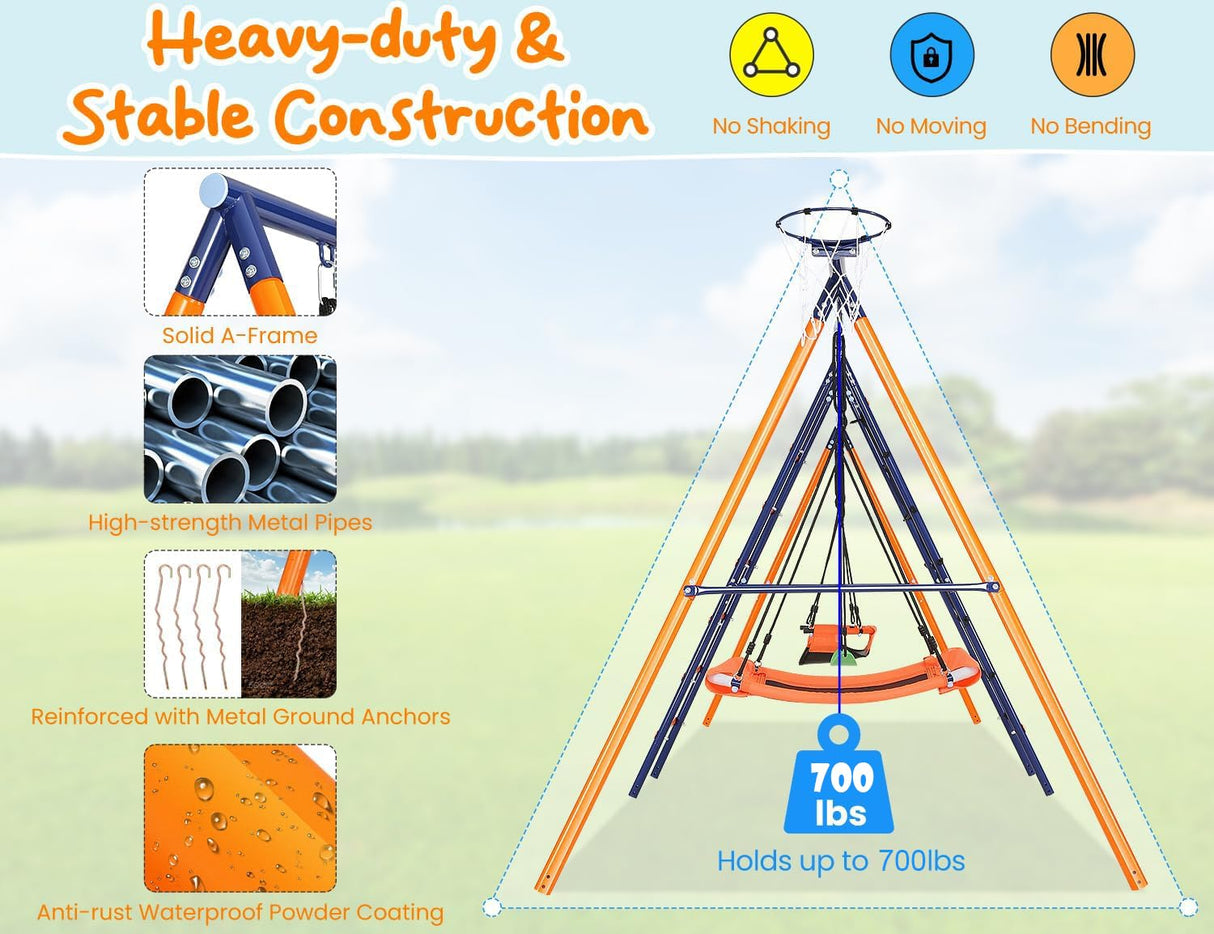 Swing Sets for Backyard, 6 in 1 Swing Set Outdoor for Kids 3-12, 700 lbs Heavy Duty Metal Toddler Playset Swingset for Playground with 3 Adjustable Swings, Basketball Hoop, Climbing Ladder and Nets Soldow