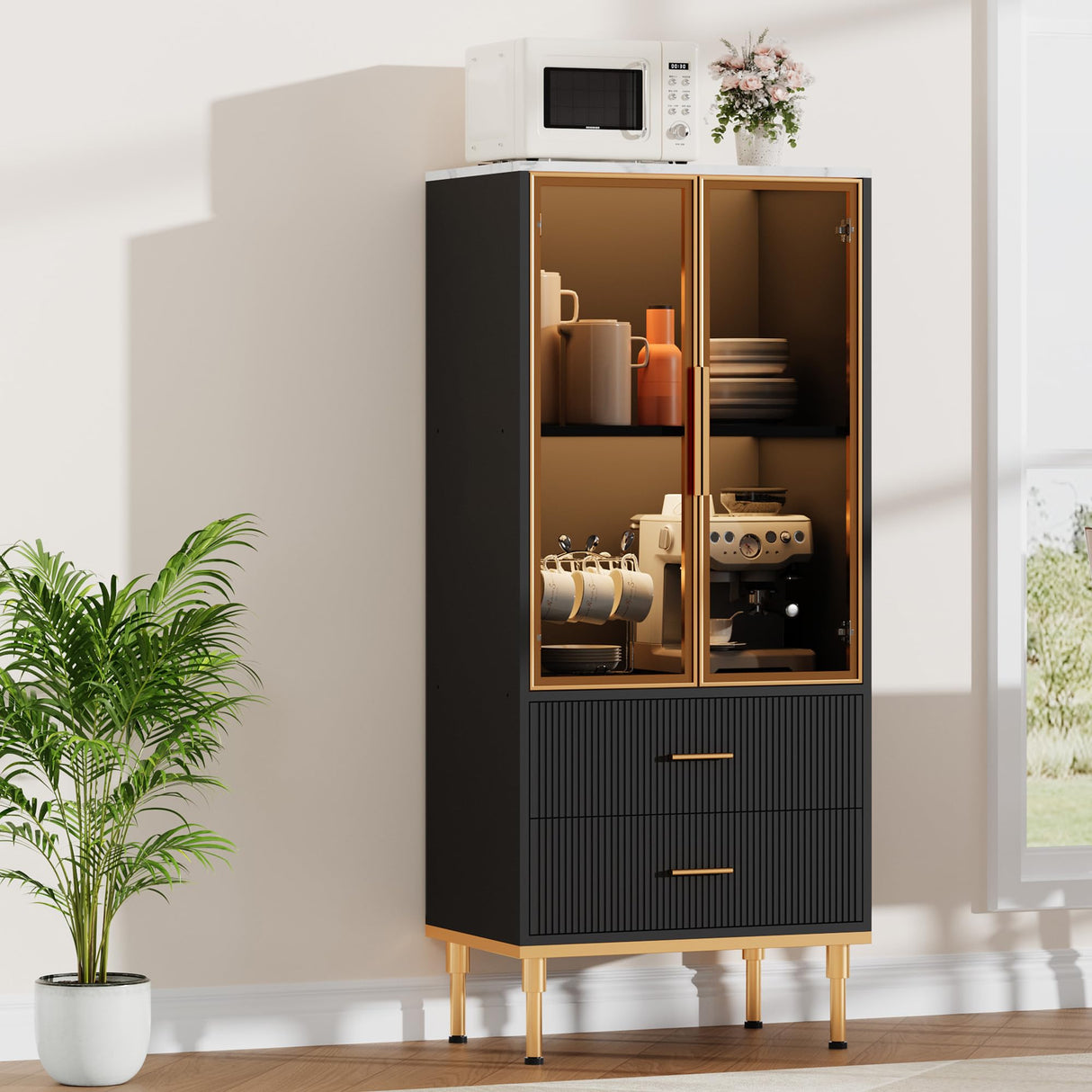 GarveeHome Fluted Storage Cabinet with Glass Door and 2 Drawers, Modern Display Storage Cabinet, Kitchen Pantry with Adjustable Shelves for Collectibles, Living Room, Office - Black GarveeHome