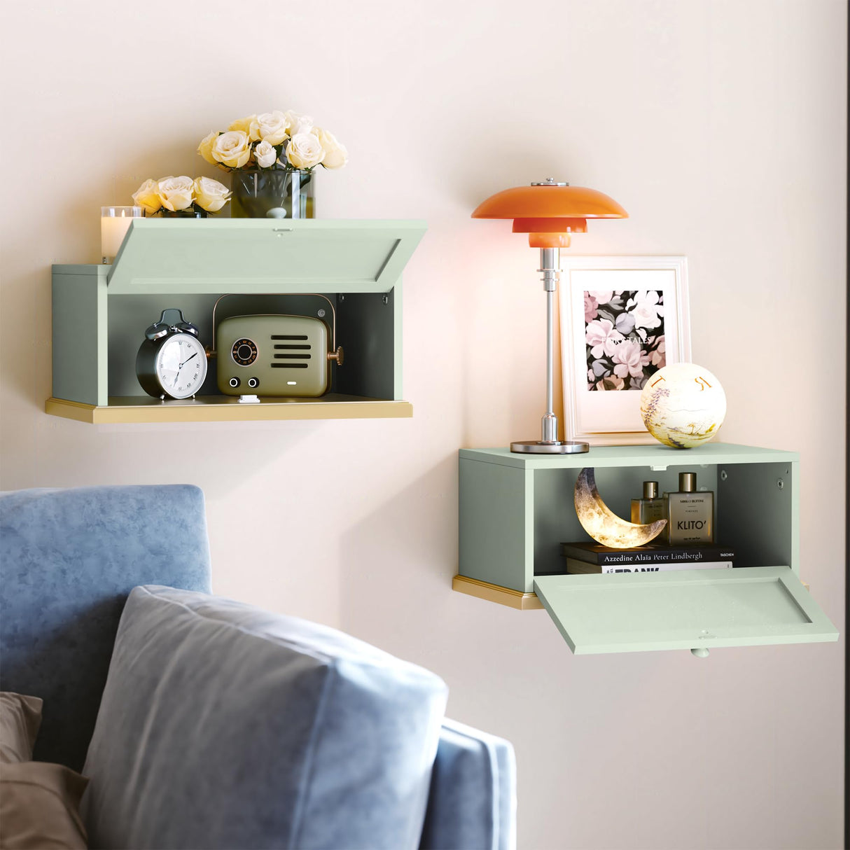 HLR Floating Nightstand, Wall Mounted Nightstand with Removable Door, Floating Shelves for Wall, Bedroom, Bathroom, Green HLR