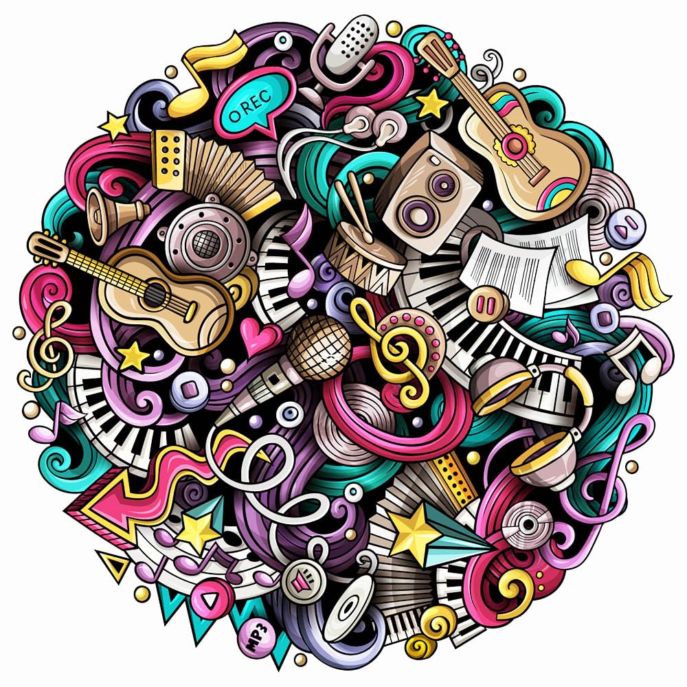 WingFun 1000 Piece Puzzle for Adults Round Puzzle Graffiti Music Puzzle Thick Sturdy Jigsaw Puzzle Art Puzzle Challenging Game WingFun