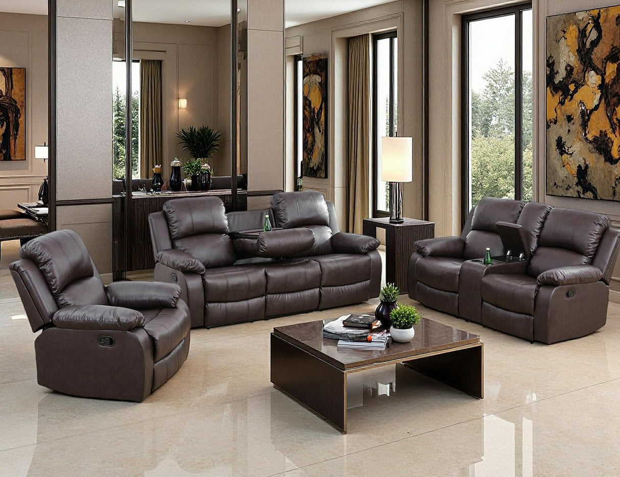Toseslo Manual Reclining Couch Sofa Set with Drop-Down Table, 3 Pieces Brown Leather Recliner Couch Sets, Living Room Furniture Sets, Recliner Sofa with Storage Console/Cup Holder for Home/Apartment Toseslo