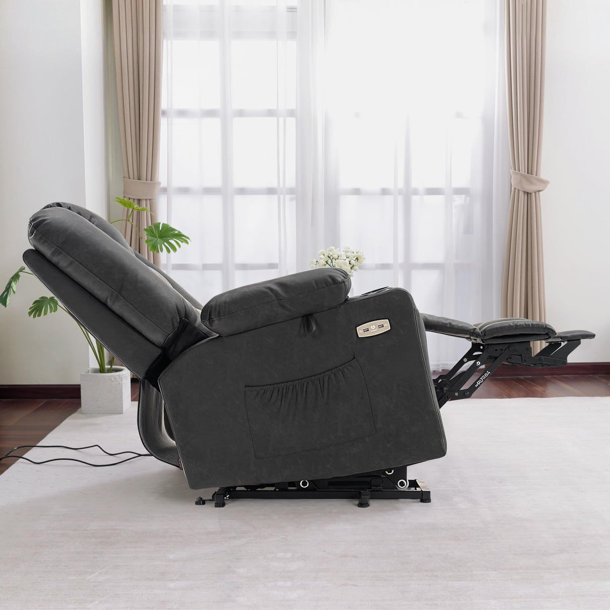 MCombo Power Lift Recliner Chair for Elderly, Lift Chair with Heat and Massage, USB Ports, Cup Holders, Faux Leather 7519 (Medium, Dark Grey) MCombo