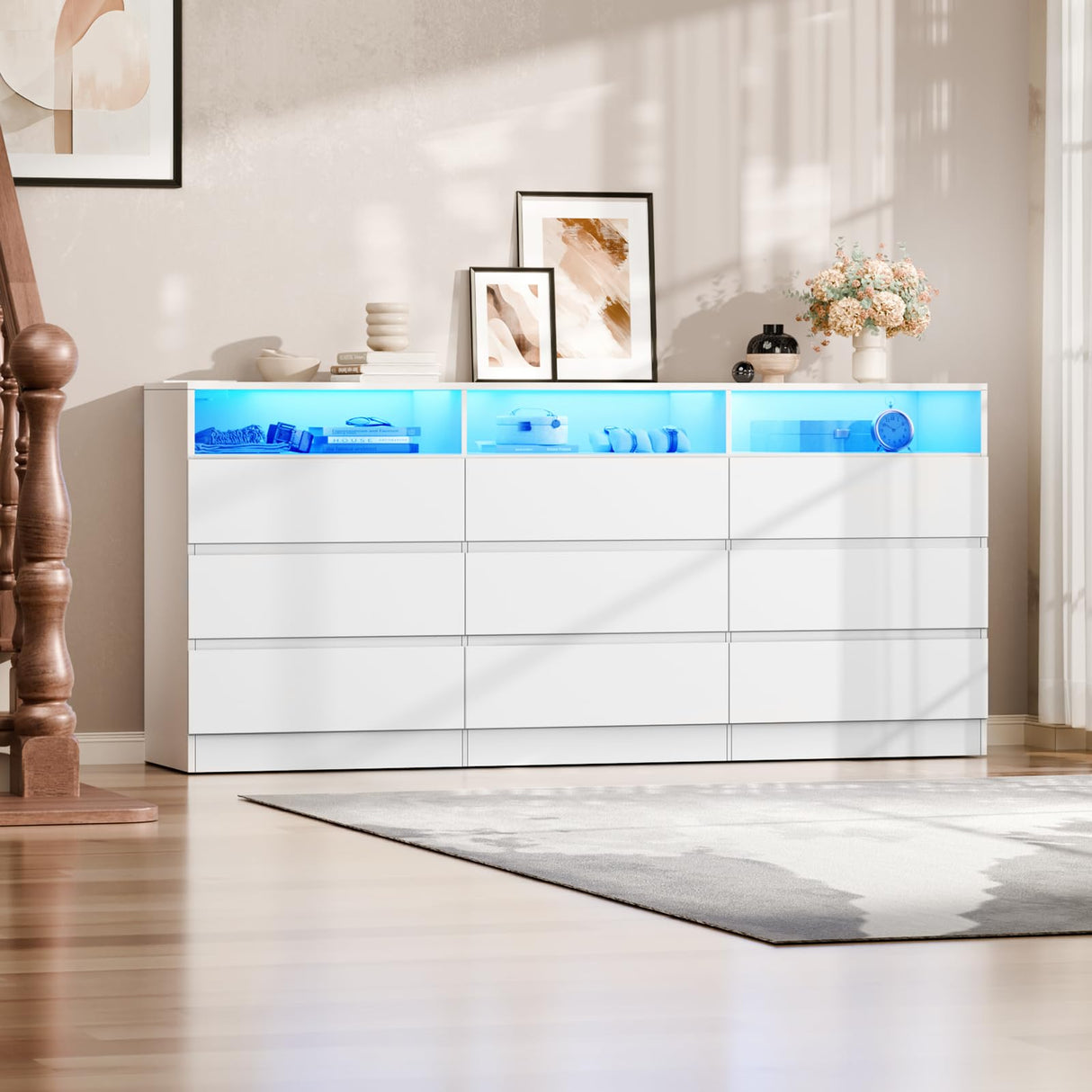 STIKELY 9 Drawer Dresser for Bedroom with Power Outlet and LED Light, White Dresser Chest of Drawers for Closet, Modern Dressers Organizer Cabinet for Living Room, Entryway, Hallway STIKELY