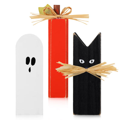 FairySandy 3 Pcs Halloween Table Decor Farmhouse Wooden Black Spooky Cats Block Decor Ghosts Pumpkin Tabletop Sign Halloween Tiered Tray for Rustic Home Shelf Decoration