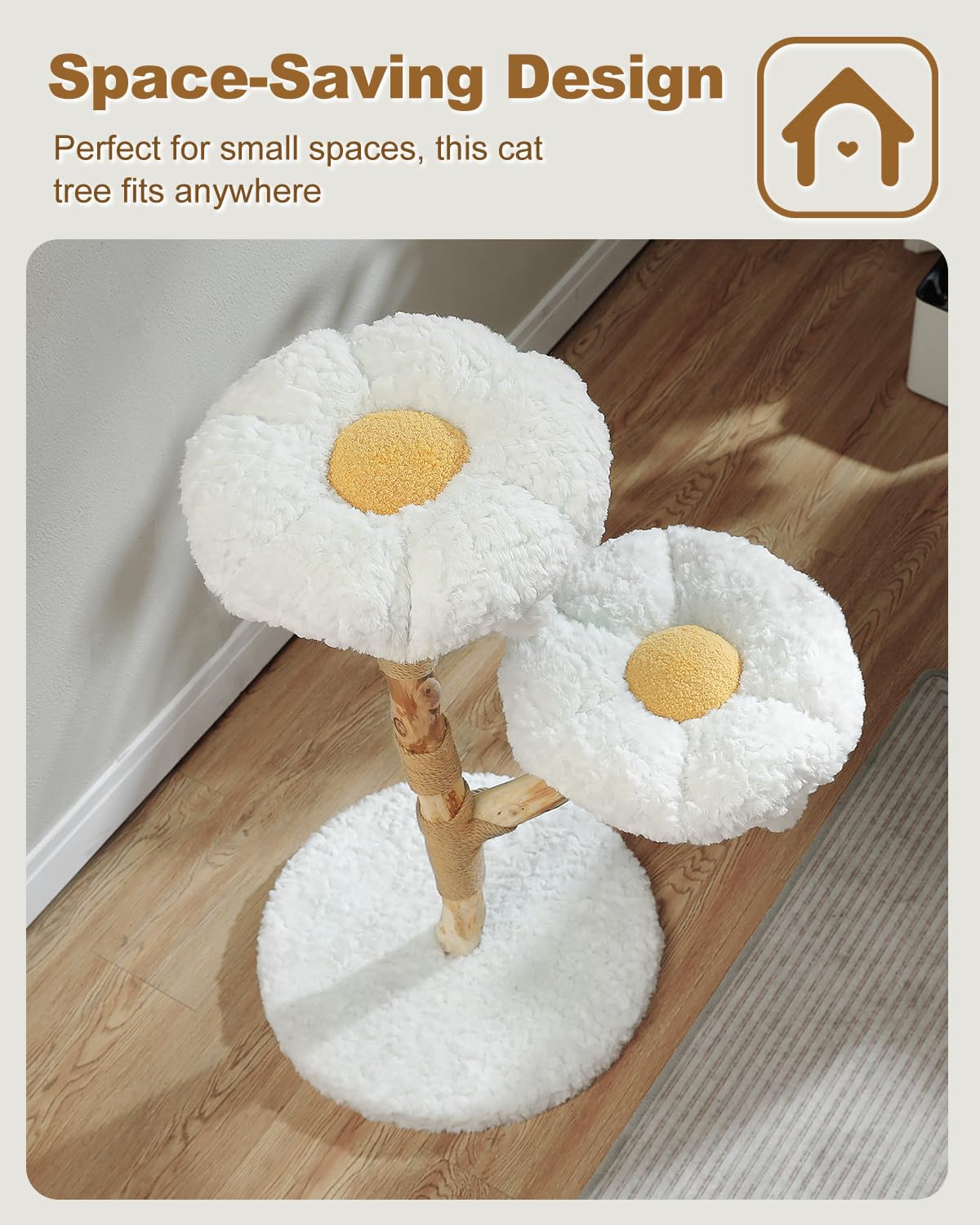 MUTTROS Wood Flower Cat Tree, Modern Cat Tower with Real Wood Branches, Luxury Boho Furniture with Scratching Post and 2 Perches, Cat Climbing Tower for Indoor Cats, Cloud White MUTTROS