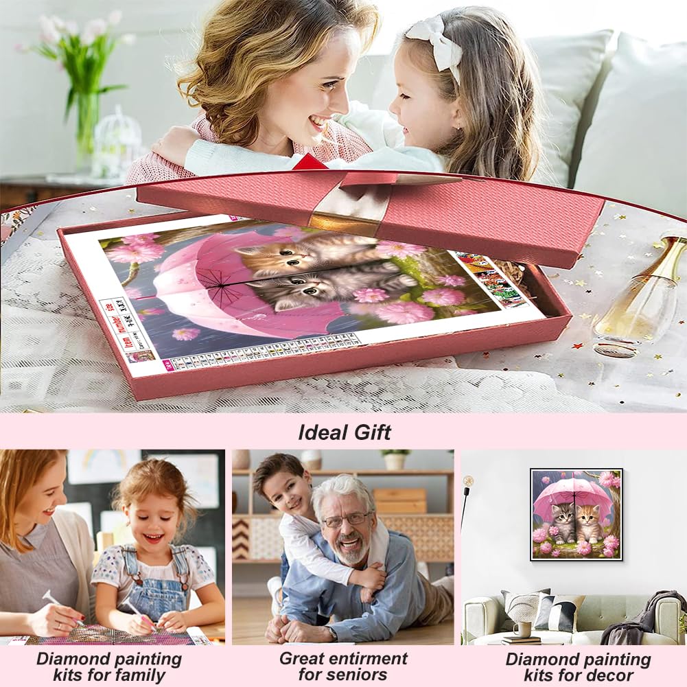 FHBUBPUP Diamond Painting Kits for Adults, Cat Diamond Art Kits, Full Drill Round Gem Art, DIY Flower Paint with Diamond Beads Crafts for Home Wall Decoration Gifts 12x12 inch FHBUBPUP