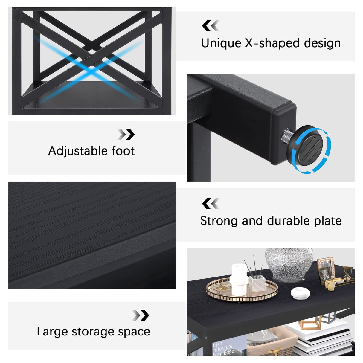 Bigbiglife Living Room Coffee Table Set of 3, Industrial X-Design Coffee Table and 2 End Side Tables, 3 Piece Living Room Table Set with Large Storage for Apartment Home, Black Bigbiglife