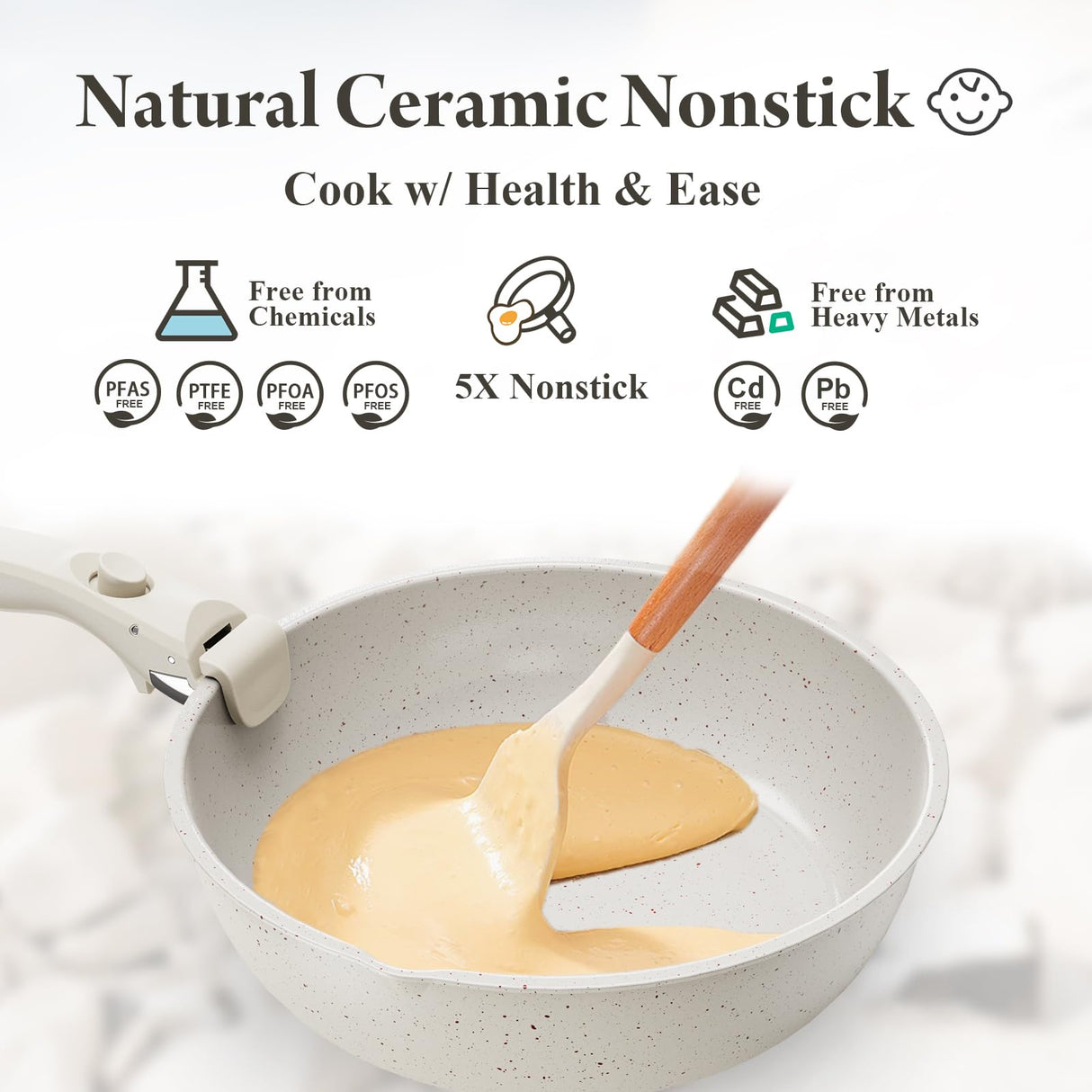 Bazova Ceramic Nonstick Cookware Set, Healthy,Non Toxic,17-Pieces Pots and Pans Set Removable Handles,Induction RV Kitchen Set,Stain & Scratch-resistant,Dishwasher/Oven Safe,PFAS/PFOA Free,Cream White bazova