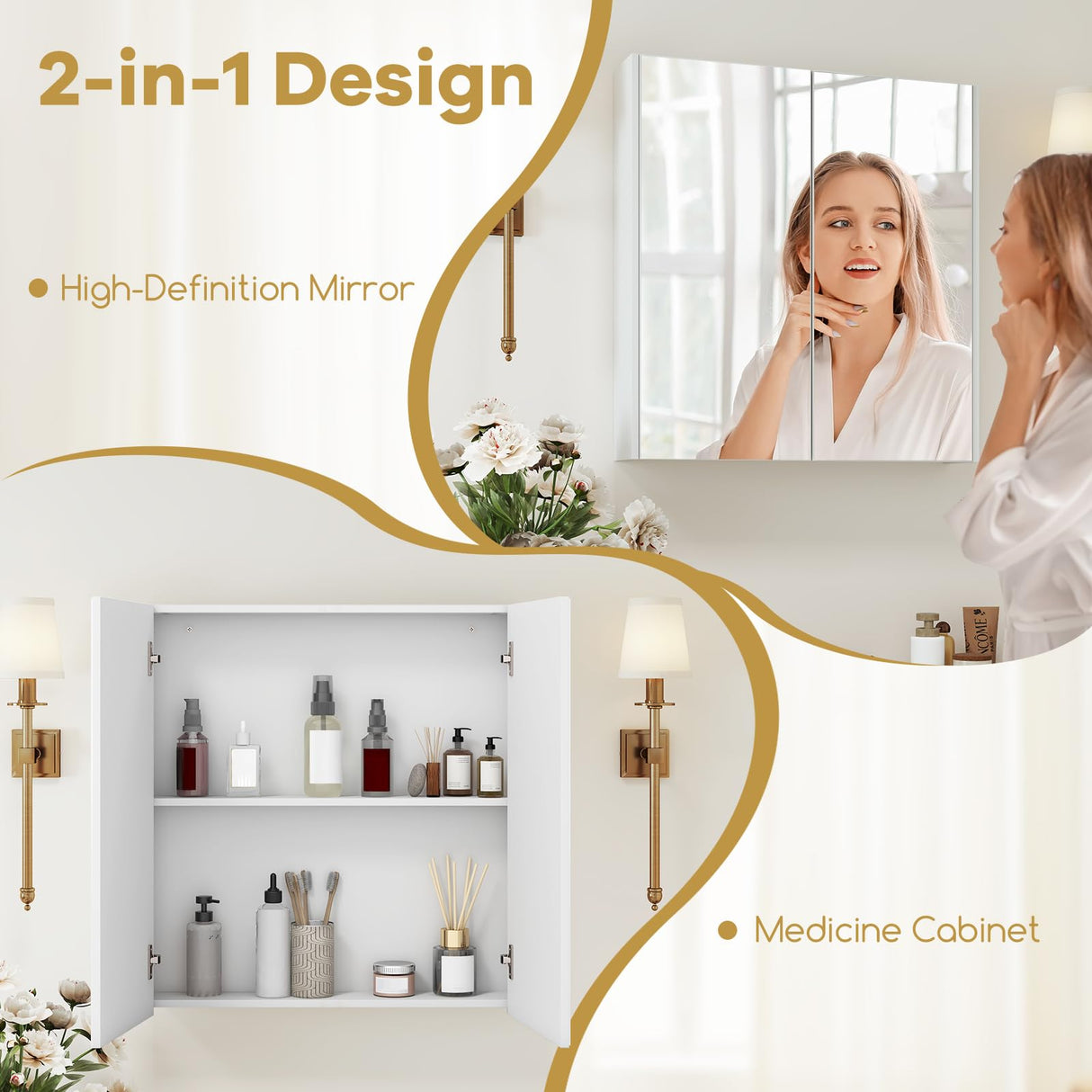 Tangkula Mirrored Medicine Cabinet, Bathroom Wall Hanging Cabinet with Double Mirrored Doors & Adjustable Shelf, Wall-Mounted Bathroom Storage Organizer, White, 24.5 x 4.5 x 25.5 Inches Tangkula