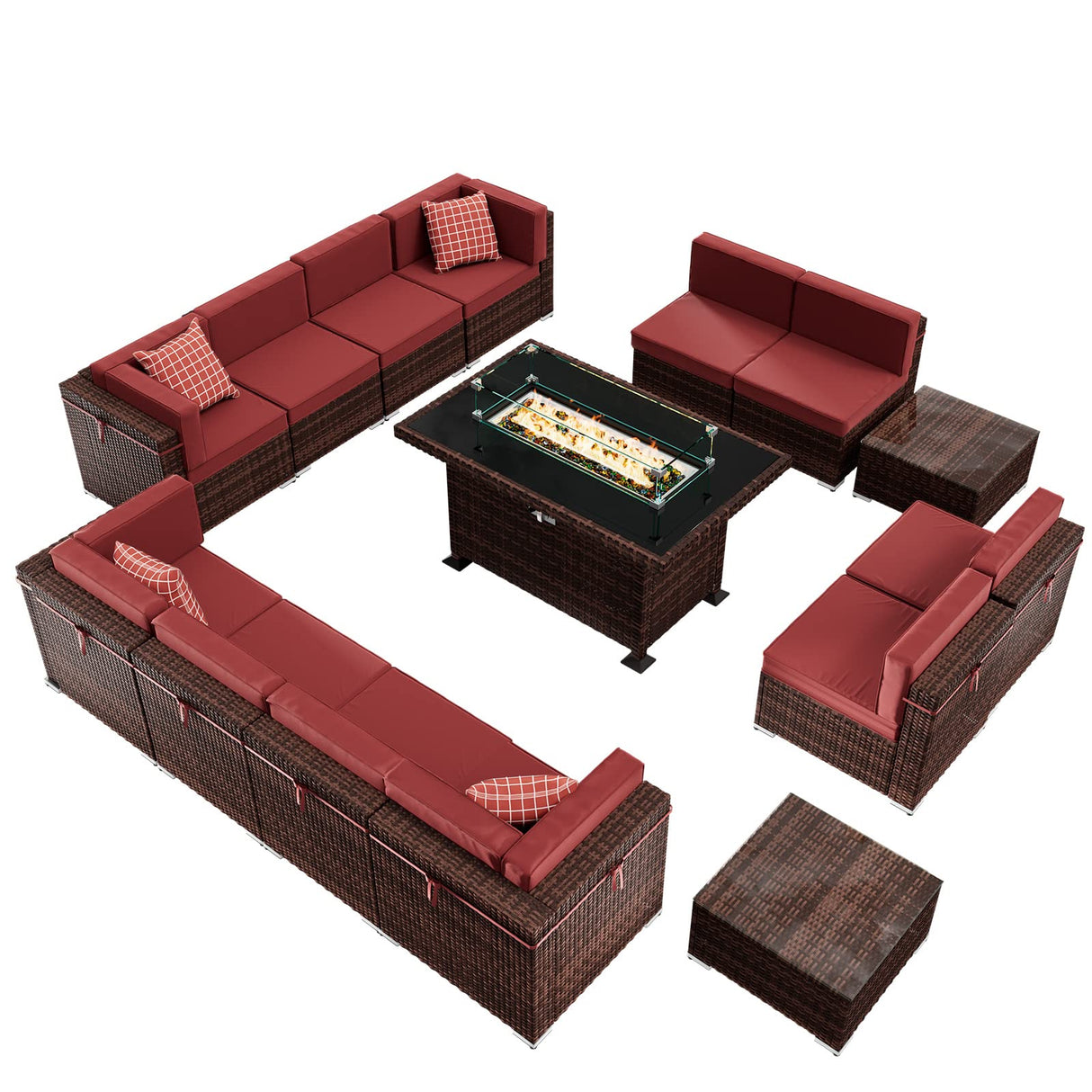 Amopatio Outdoor Patio Furniture Set with Gas Fire Pit Table, 15 Pieces Patio PE Wicker Pit Sectional Sofa, 44" Glass Gas Fire Patio Sectional Furniture with Burgundy Cushions, Coffee Tables, Covers Amopatio