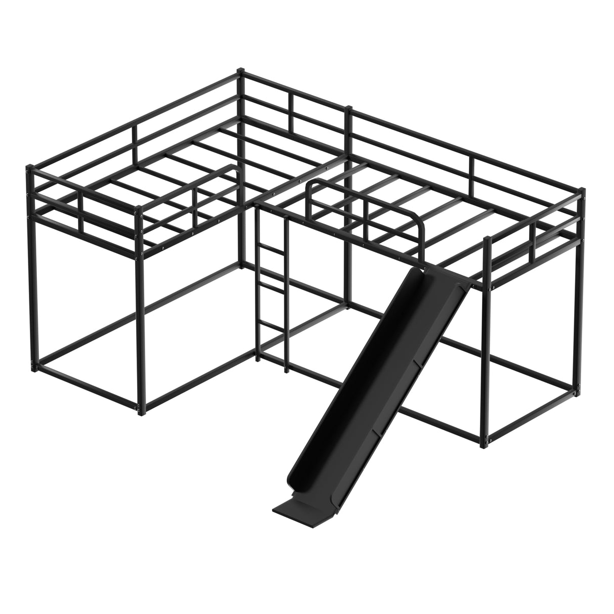 AEMSOFK L-Shaped Bunk Bed for 4, Quad Bunk Bed with Slide, Metal Twin Over Twin Metal Bunked Frame, Slide & Short Ladder, Modern Design, Easy Assembly, No Box Spring Needed (Black) AEMSOFK