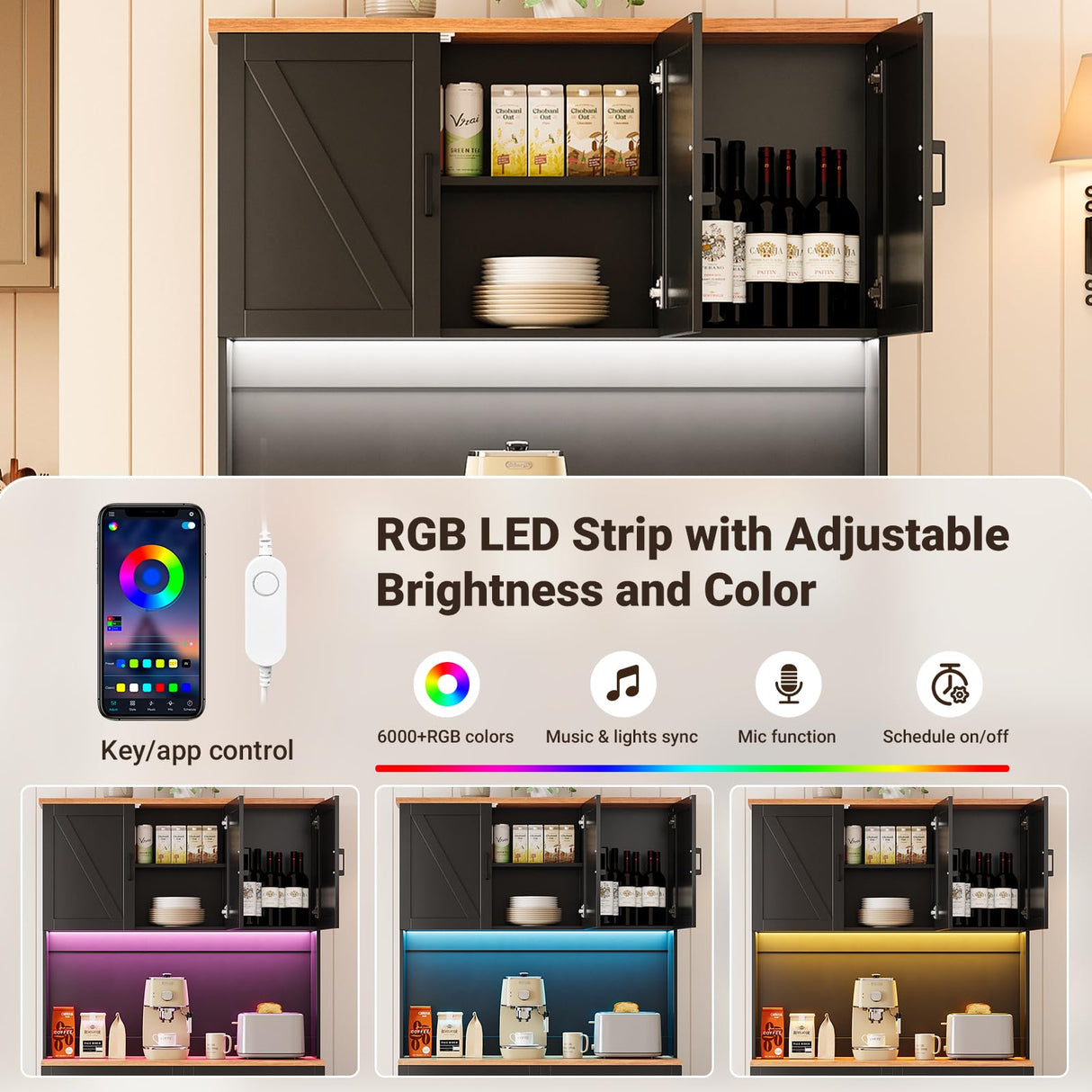 ELYKEN 71" Pantry Cabinet with Charging Station & LED Lights, Tall Kitchen Pantry with Hutch, Microwave Stand, Farmhouse Pantry with Door Shelf & Drawer & Adjustable Shelf for Dining Room, Black ELYKEN