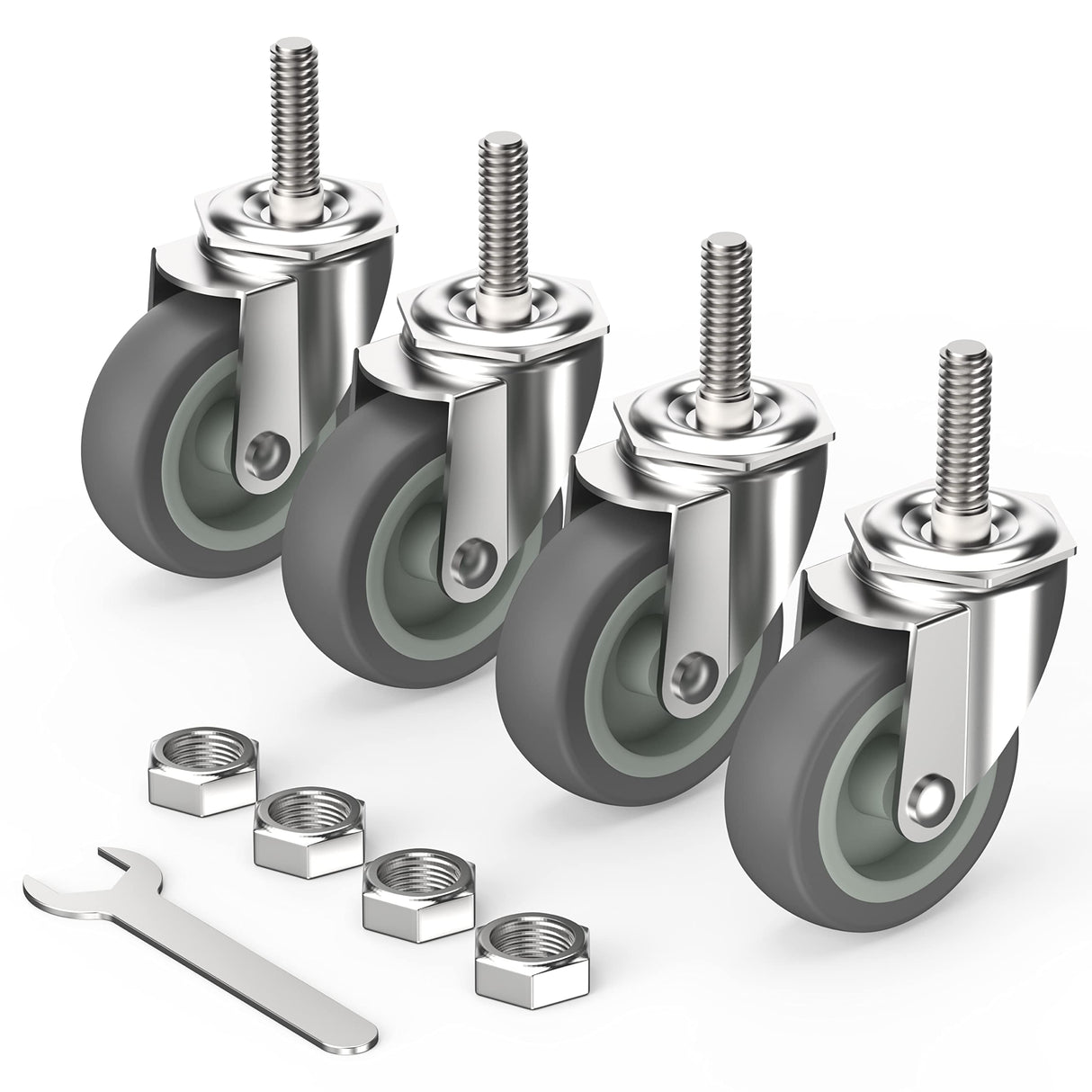 HOLKIE Caster Wheels 3 inch with No Brake Stem Casters, 3/8" -16 x 1-1/2" (Stem Diameter 3/8", Stem Length 1-1/2") Threaded Swivel Casters Set of 4 Heavy Duty Castors Grey HOLKIE