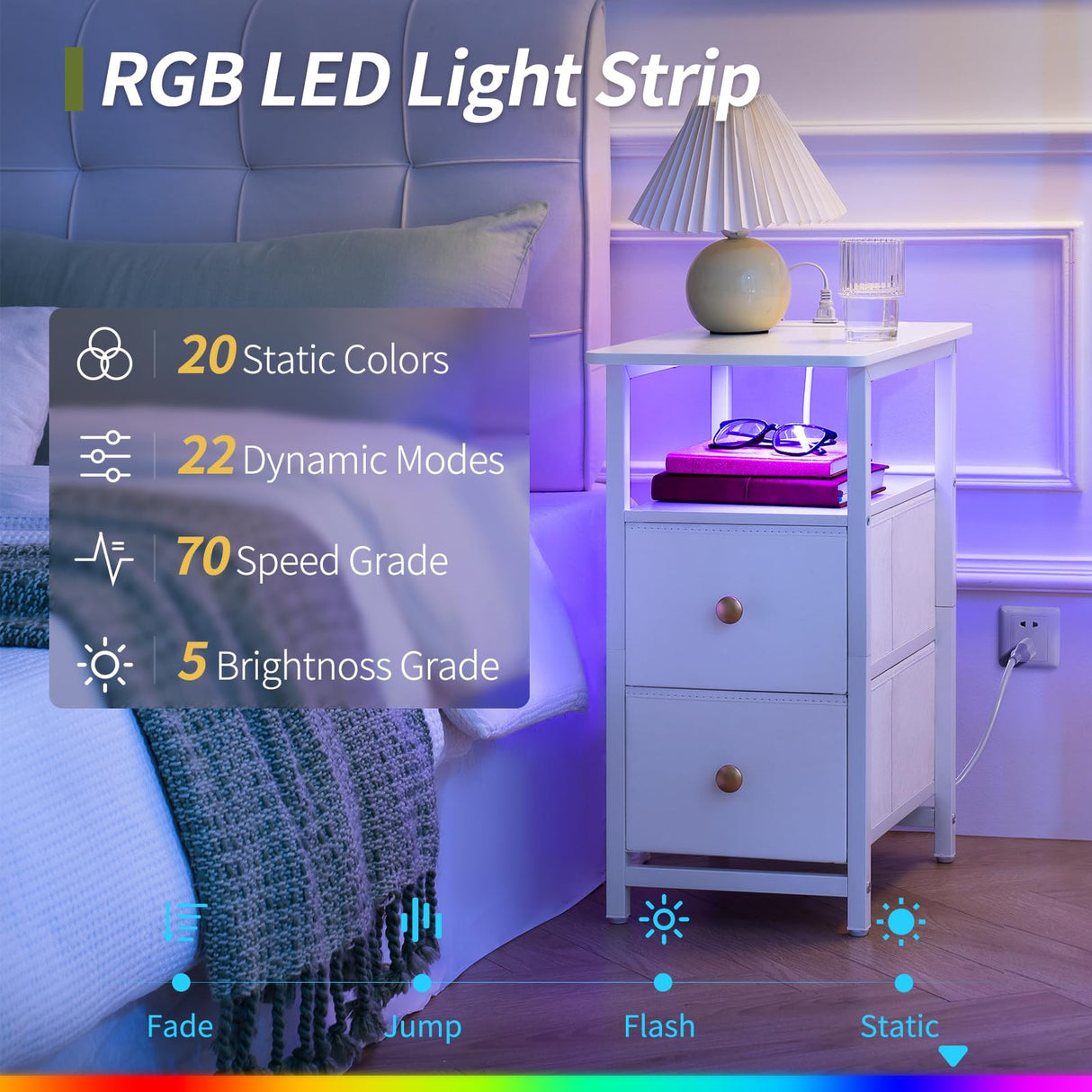 Yoobure End Table with Charging Station, Narrow Side Table LED Small Night Stand, Skinny Nightstand with Fabric Drawers, Bedside Table End Tables Living Room, Side Tables Bedroom for Small Spaces Yoobure