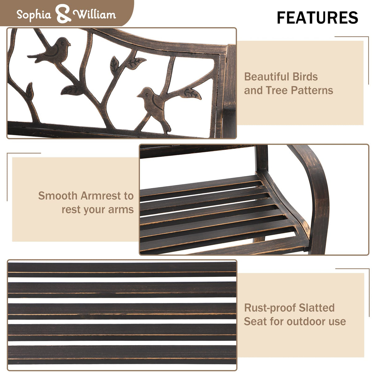 Sophia & William Outdoor Bench, Porch Bench, Garden Bench, Wrought Iron Bench with Backrest and Armrests, Bronze Sophia & William