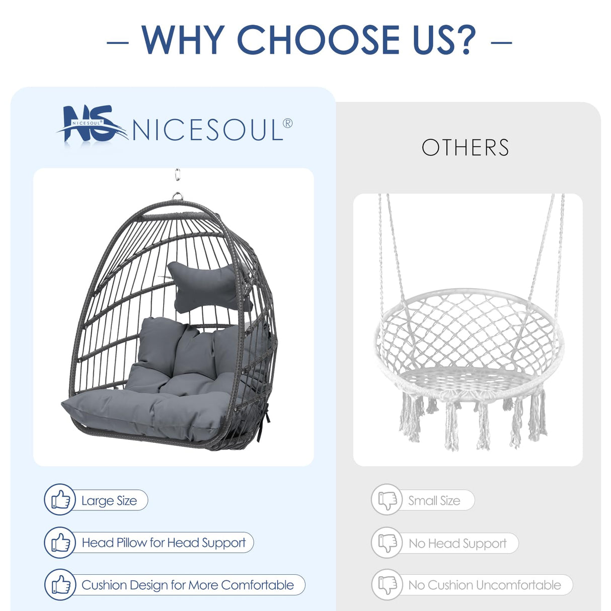 Nicesoul Patio Hanging Egg Chair No Stand, Foldable Ceiling Egg Basket Chairs Without Stand Indoor Outdoor, 350lbs Egg Shell Swing Hammock Chair with Cushion for Backyard, Balcony, Outside, Dark Grey NICESOUL