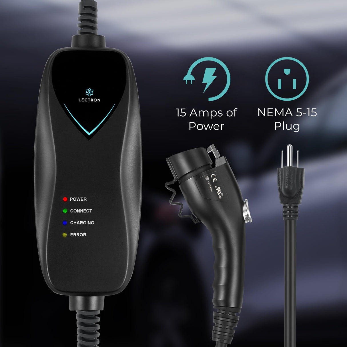 Lectron Level 1 J1772 Charger (WiFi Version) - 110V, 15 Amp, NEMA 5-15 Plug, 16 ft Extension Cord - Portable Electric Car Charger for J1772 Evs Lectron