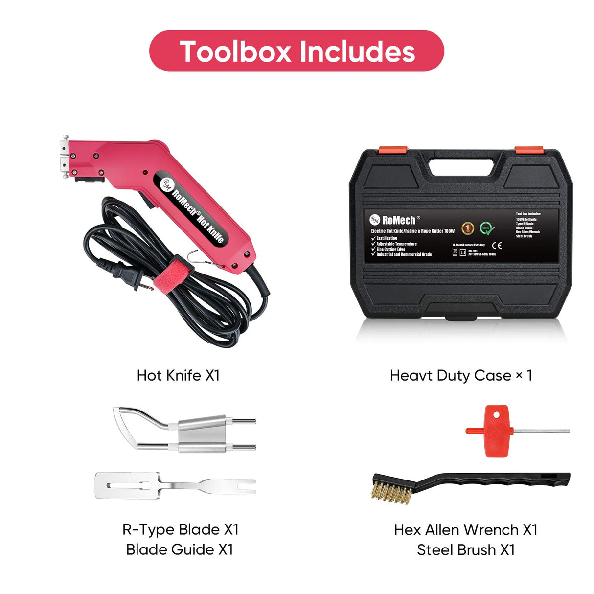 ROMECH 100W Fabric Cutter Rope Cutter, Pro Electric Hot Knife Heat Sealer with Adjustable Power, Cutting Tool Kit with Blades & Accessories (100W, RM-014) ROMECH