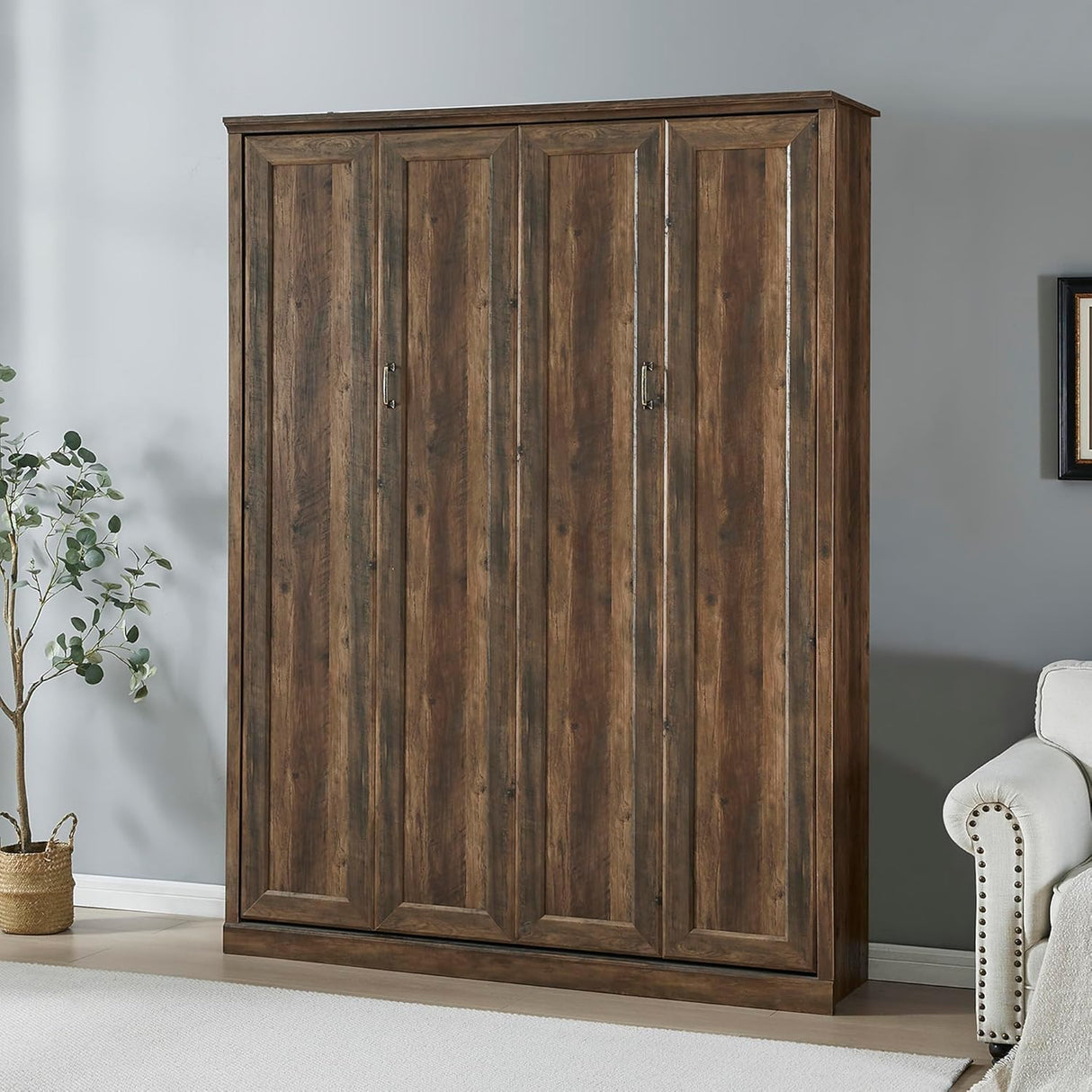 MERITLINE Queen Size Murphy Bed with USB Port,Wood Folding Brown Murphy Wall Bed Cabinet MERITLINE