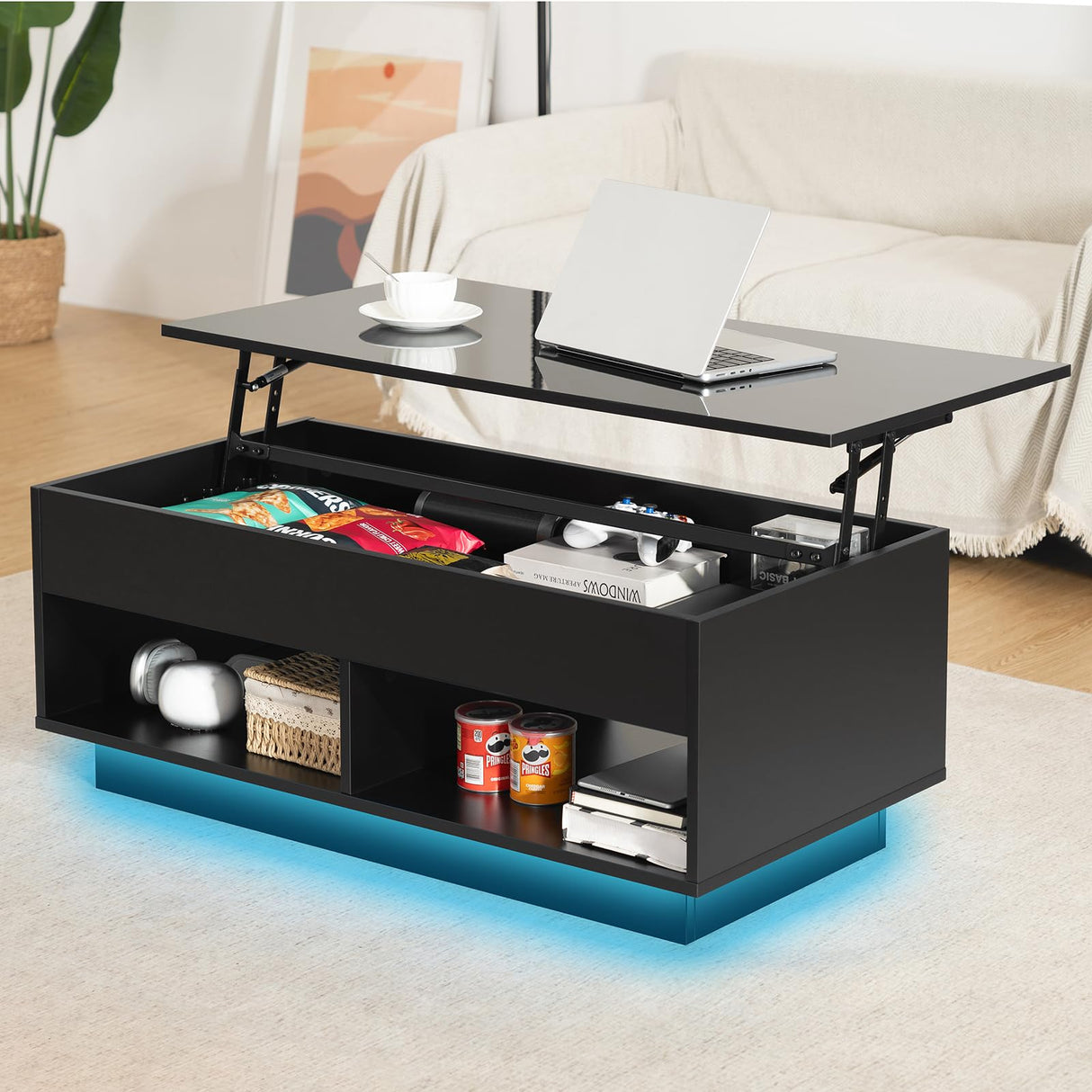 LED Coffee Table for Living Room Lift Top Coffee Tables with Storage Morden High Gloss 4 Tiers Black Tea Table Center Tables Sofa Hidden Compartment & 2 Open Shelve HOMMPA