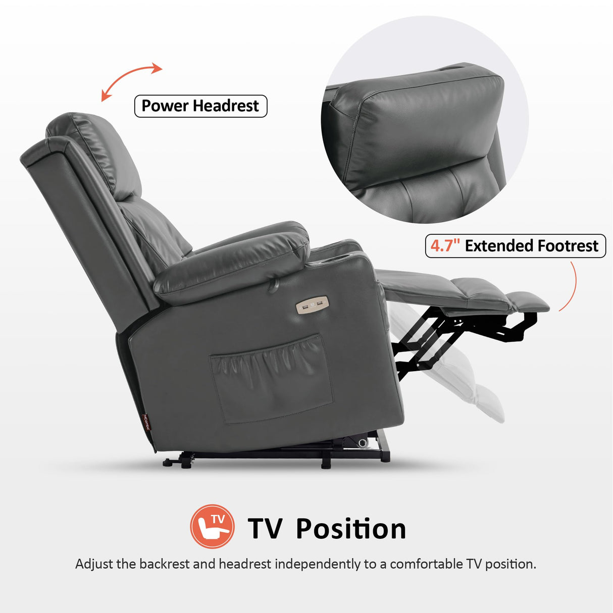 MCombo Large Triple Motor Power Lift Recliner Chair with Massage and Heat for Elderly People, Adjustable Headrest, Infinite Position, USB Ports, Faux Leather 7662 (Dark Grey, Large) MCombo