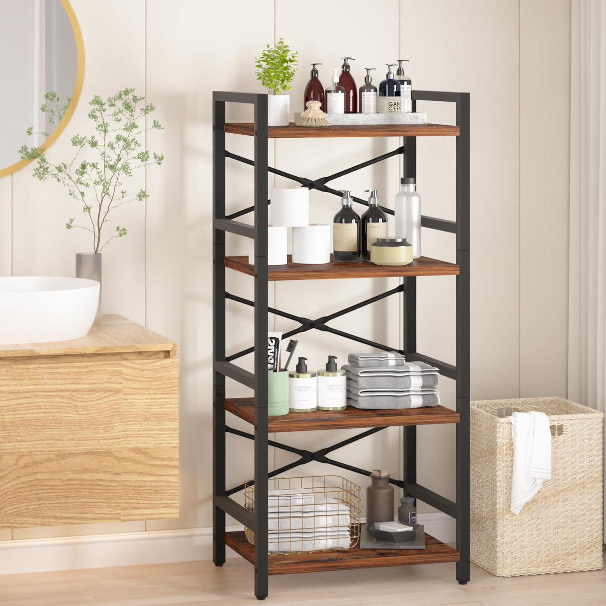 Yoobure 4 Tier Bookshelf - Small Book Shelf Industrial Bookcase, Narrow Book Case Book Storage Organizer for CD/Movie/Book, Bookshelves for Bedroom Office Living Room Berry Brown Yoobure