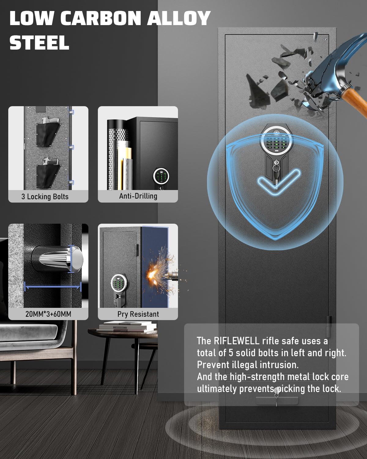 RIFLEWELL Gun Safe, 4-5 Rifle Gun Safe, Gun Safes for Home Rifle and Pistols, Quick Access Gun Cabinets with LED Light, Rifle Safe with Adjustable Gun Rack Riflewell