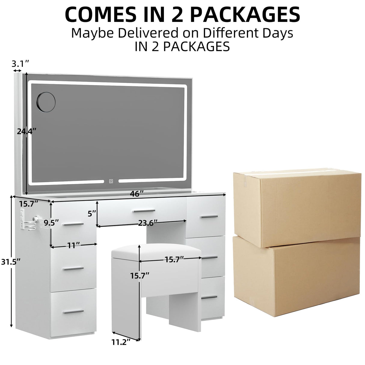 VALONDINO Makeup Vanity Desk with Power Outlet, 46'' Glass Top Vanity Set, 7 Drawers Vanity Table with Cushioned Stool, 3 Lighting Modes Brightness Adjustable,White VALONDINO