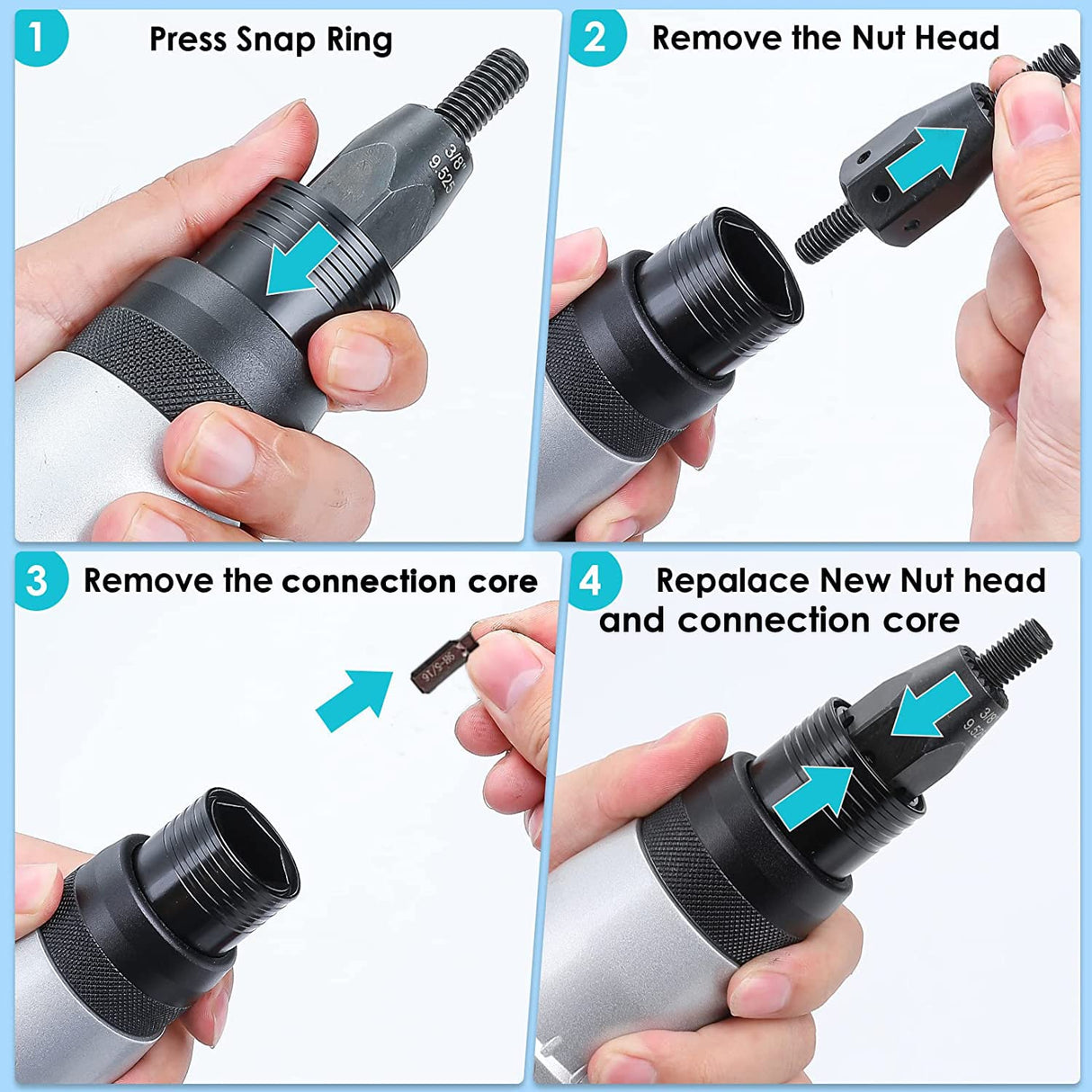 uioxcv Cordless Rivet Tool, 2-in-1 Electric Rivet Nut Gun for Rivets(1/8'', 5/32'', 3/16") & Rivet Nuts (1/4",5/16",3/8"), Automatic Blind Rivet uioxcv
